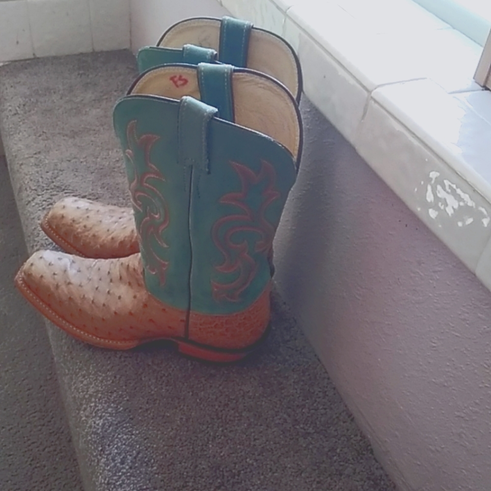 Justin Western boots, size 9, tan ostrich & turquoise embellishments.